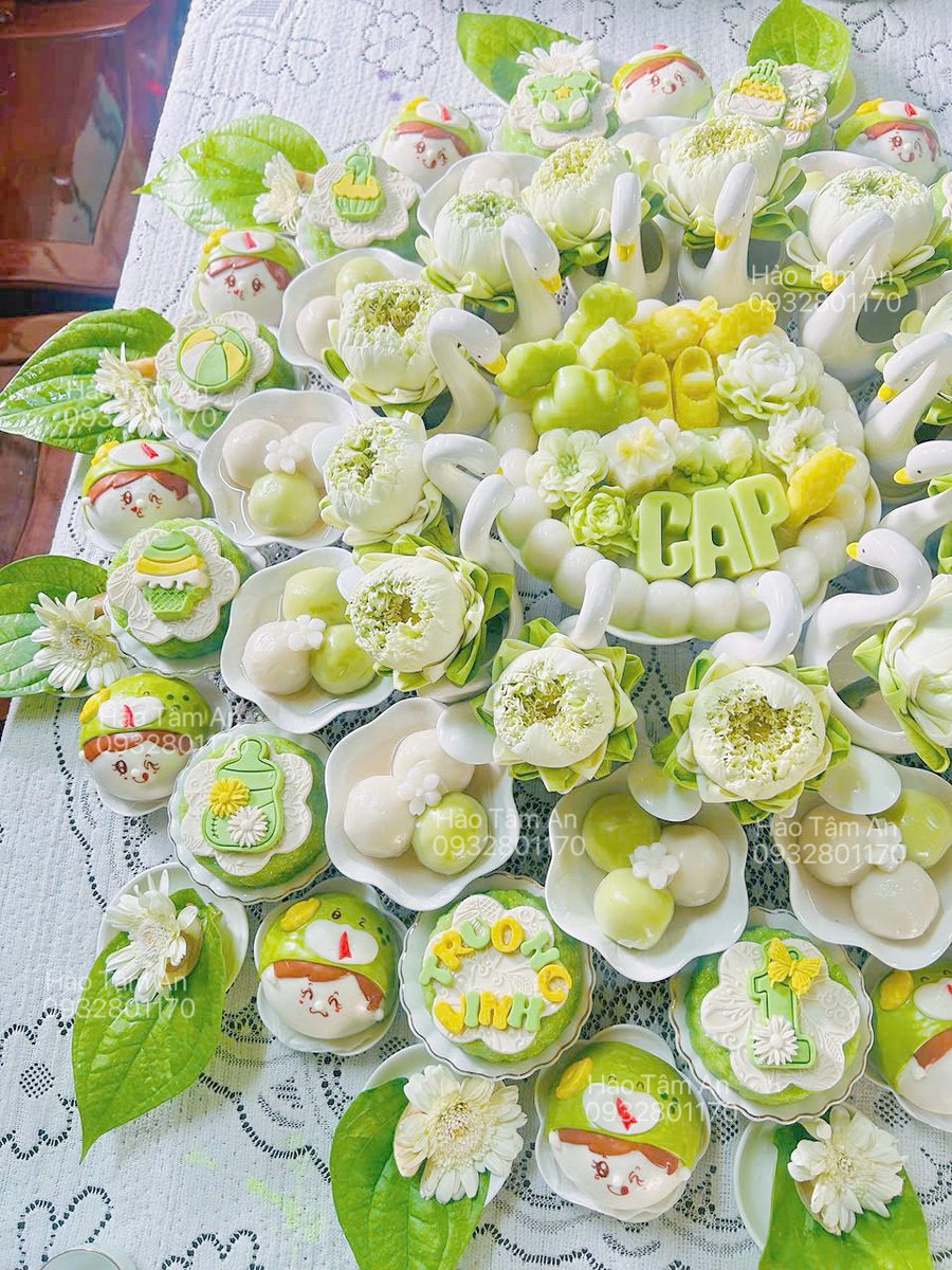 Mâm cúng thôi nôi gói Vạn Hảo tông xanh cho bé trai